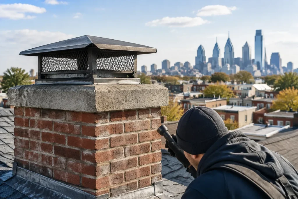 A brick chimney with a metal cap stands on a rooftop. A person in dark clothing crouches beside it while holding a small tool or flashlight. Philadelphia buildings and skyline are visible in the background under a partly cloudy sky.