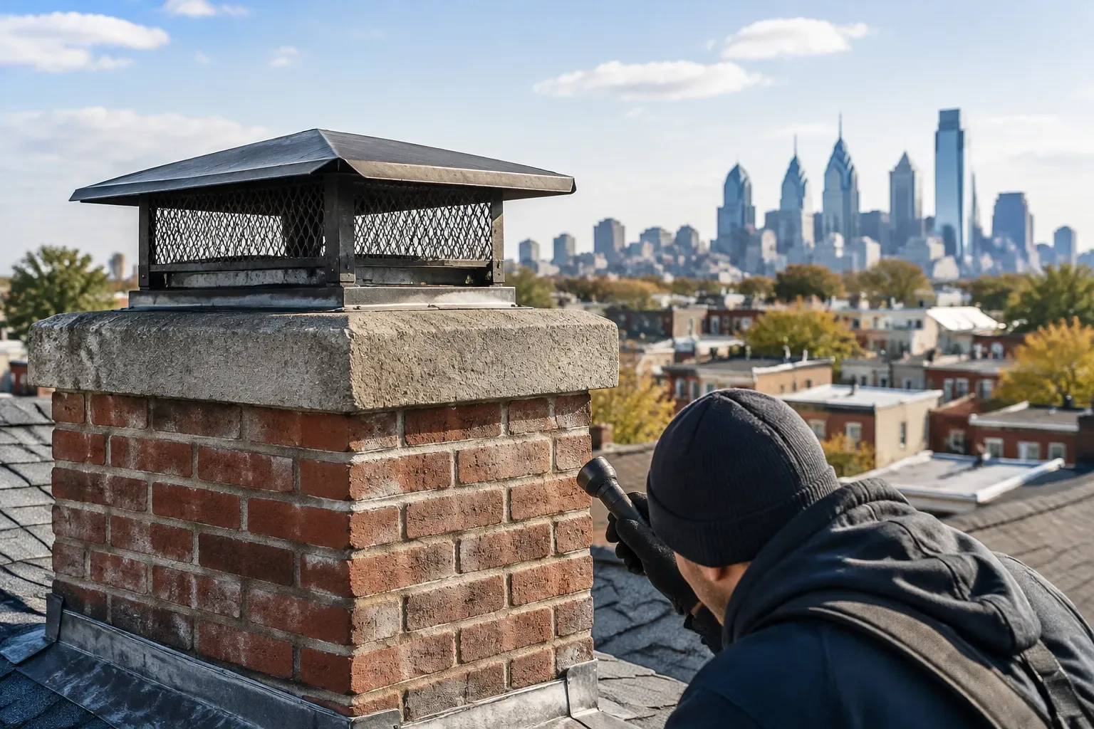 A brick chimney with a metal cap stands on a rooftop. A person in dark clothing crouches beside it while holding a small tool or flashlight. Philadelphia buildings and skyline are visible in the background under a partly cloudy sky.
