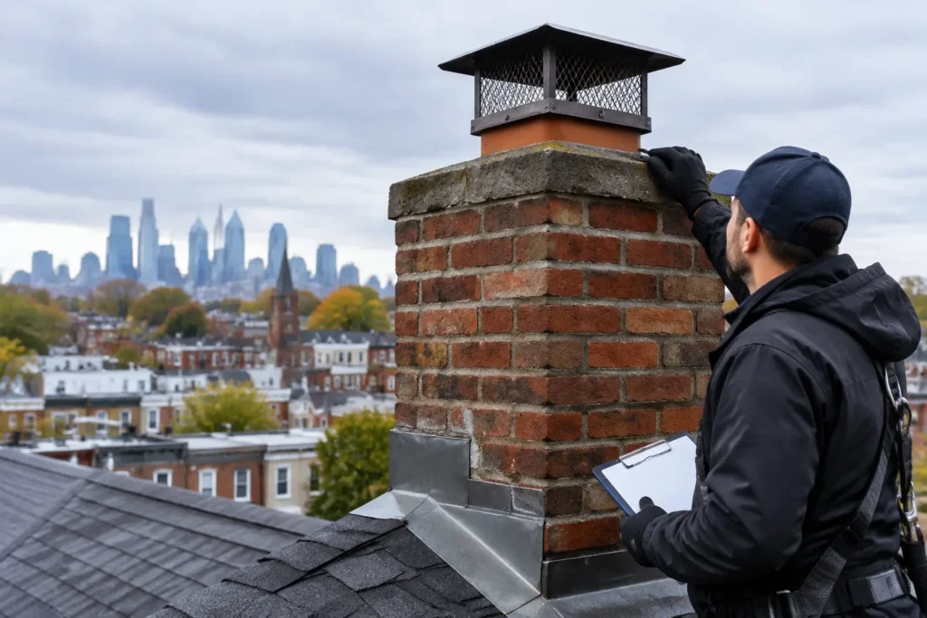 A technician in dark clothing and gloves examines a brick chimney cap while holding a clipboard on a shingled rooftop. Weathered masonry and metal flashing are visible, with Philadelphia buildings and skyline in the background beneath a cloudy sky.