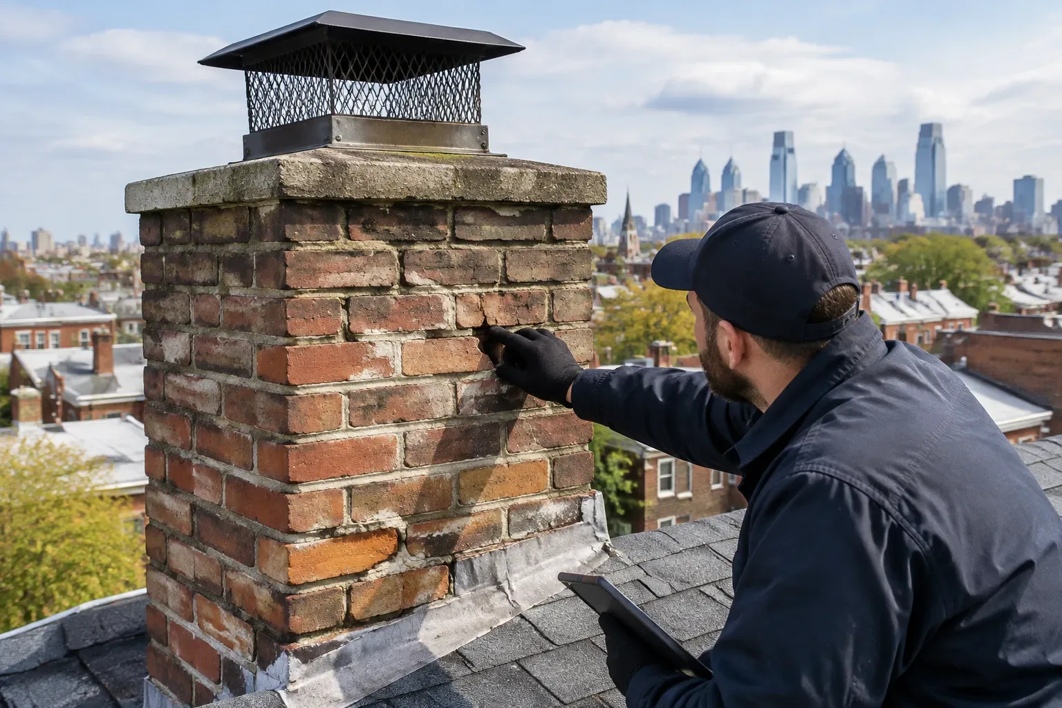 A worker in dark clothing kneels beside a brick chimney on a shingled roof and touches a mortar joint with a hand tool. The chimney has a metal cap and a weathered masonry crown. Brick buildings, trees, and a city skyline are visible in the backgroun