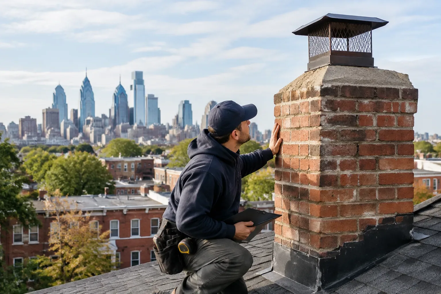 A worker in dark clothing kneels beside a brick chimney on a rooftop, touching the masonry while holding a tablet. The chimney has a metal cap, and Philadelphia buildings and a skyline are visible in the background.
