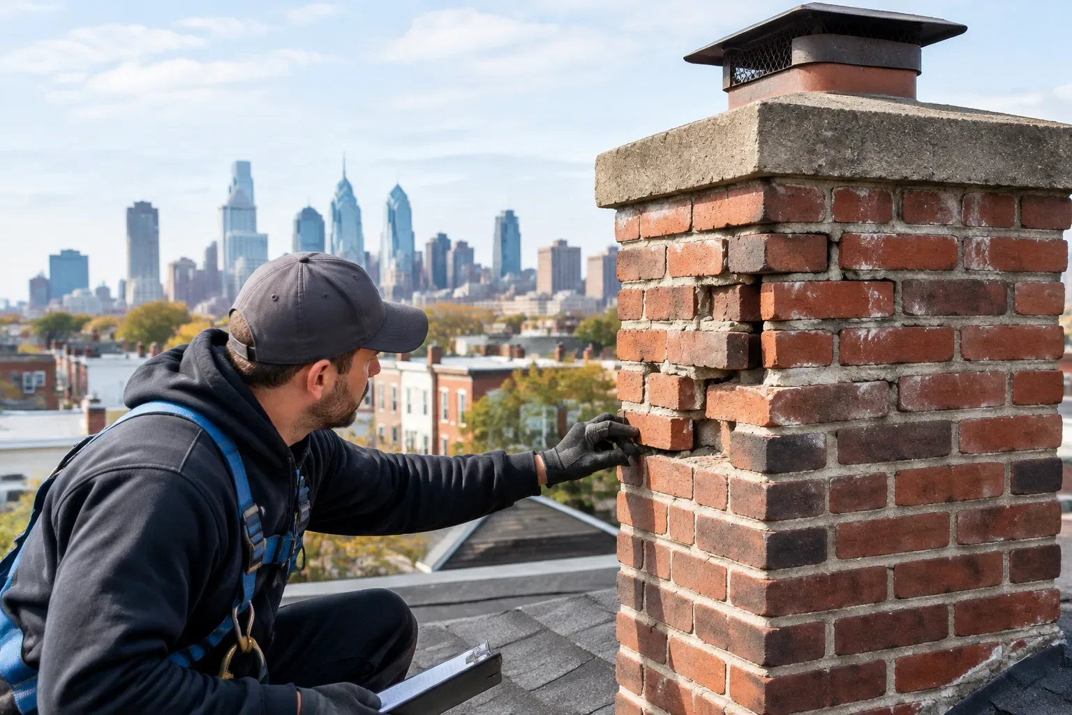 A worker wearing a cap, gloves, and a safety harness examines a brick chimney with displaced bricks and cracked mortar on a rooftop. A chimney cap and Philadelphia skyline are visible in the background.