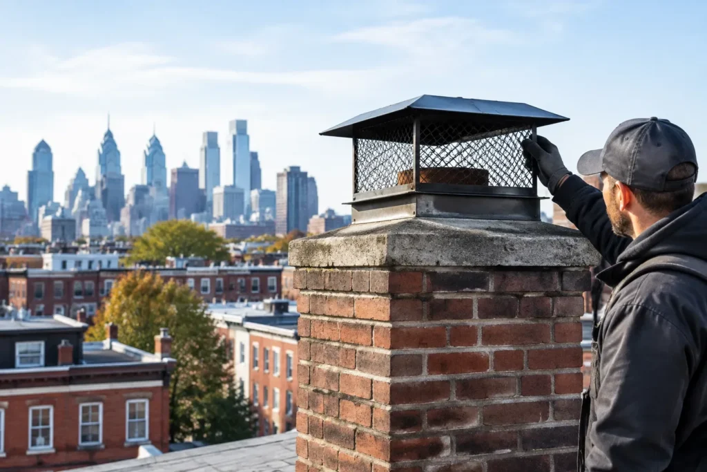 A worker in dark clothing examines a metal mesh chimney cap on a brick chimney, with Philadelphia buildings and a skyline in the background.