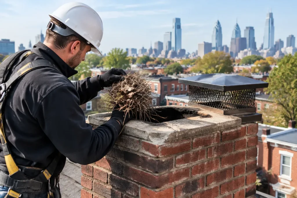 A worker in a white hard hat, gloves, and safety harness holds a large bundle of twigs beside an open brick chimney. A metal mesh chimney cap sits nearby, with Philadelphia buildings and a skyline in the background.