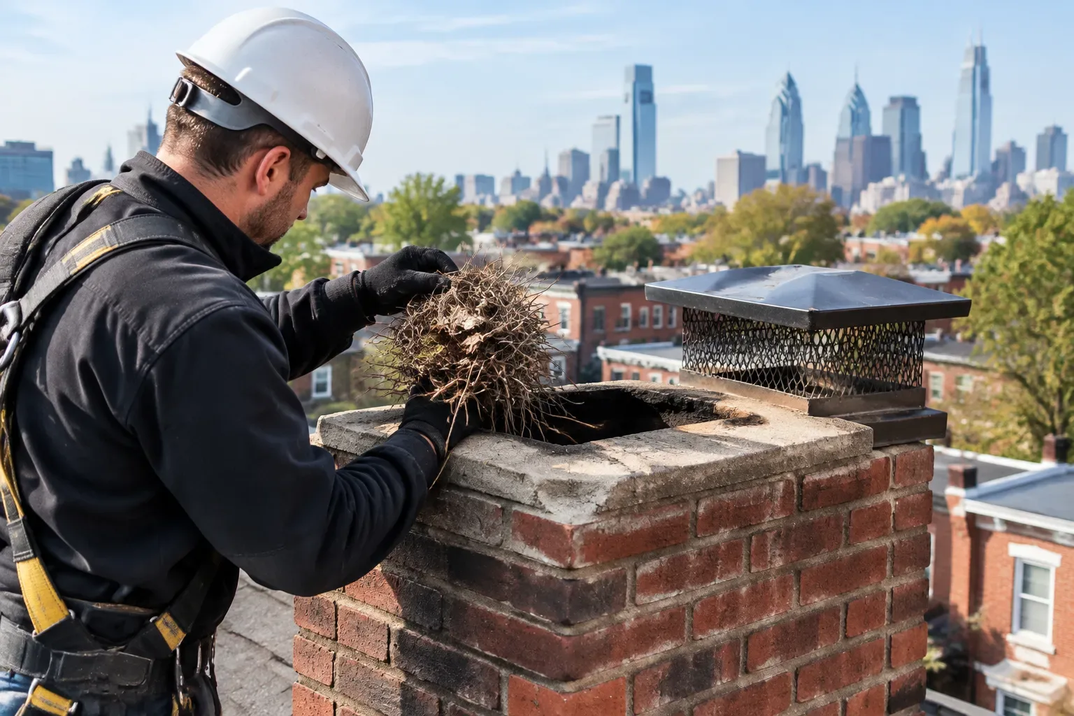 A worker in a white hard hat, gloves, and safety harness holds a large bundle of twigs beside an open brick chimney. A metal mesh chimney cap sits nearby, with Philadelphia buildings and a skyline in the background.