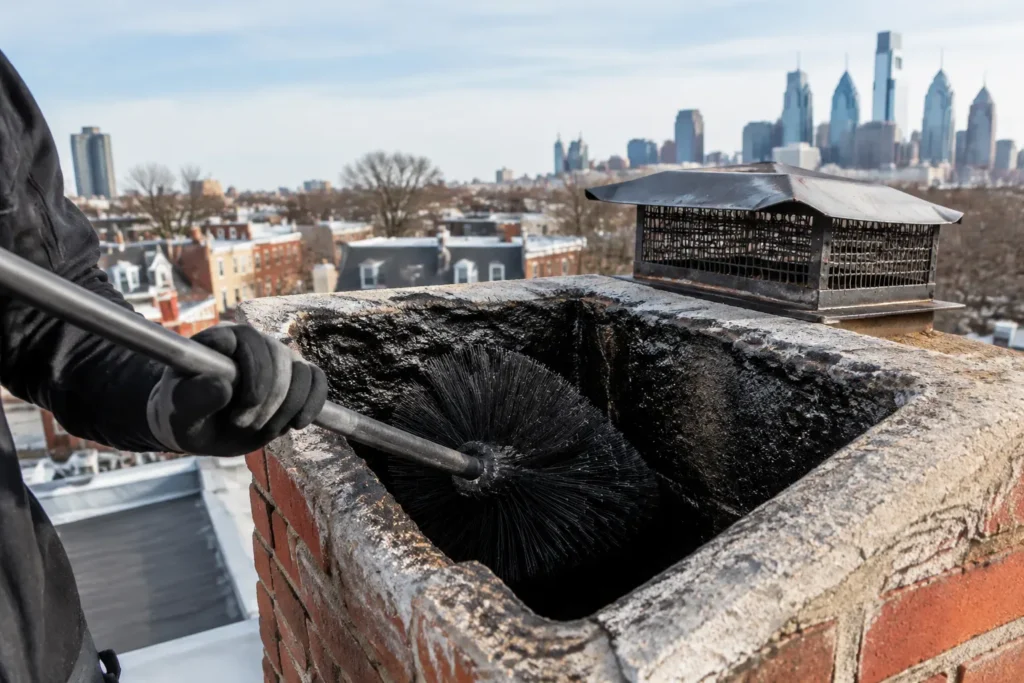 A gloved worker holds a round chimney brush inside a brick chimney opening coated with dark residue. A metal chimney cap is visible on an adjacent flue, with Philadelphia buildings and skyline in the background.