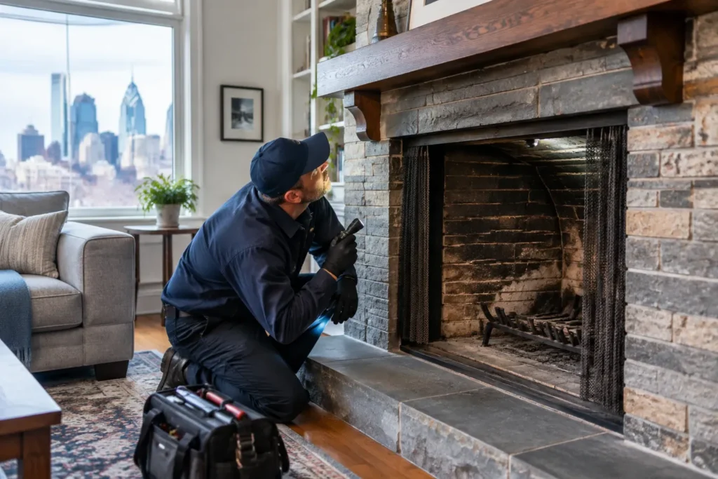 A technician in dark work clothing kneels beside an open brick fireplace and examines the firebox with a flashlight. A tool bag sits on the floor, and a living room with large windows is visible behind him.