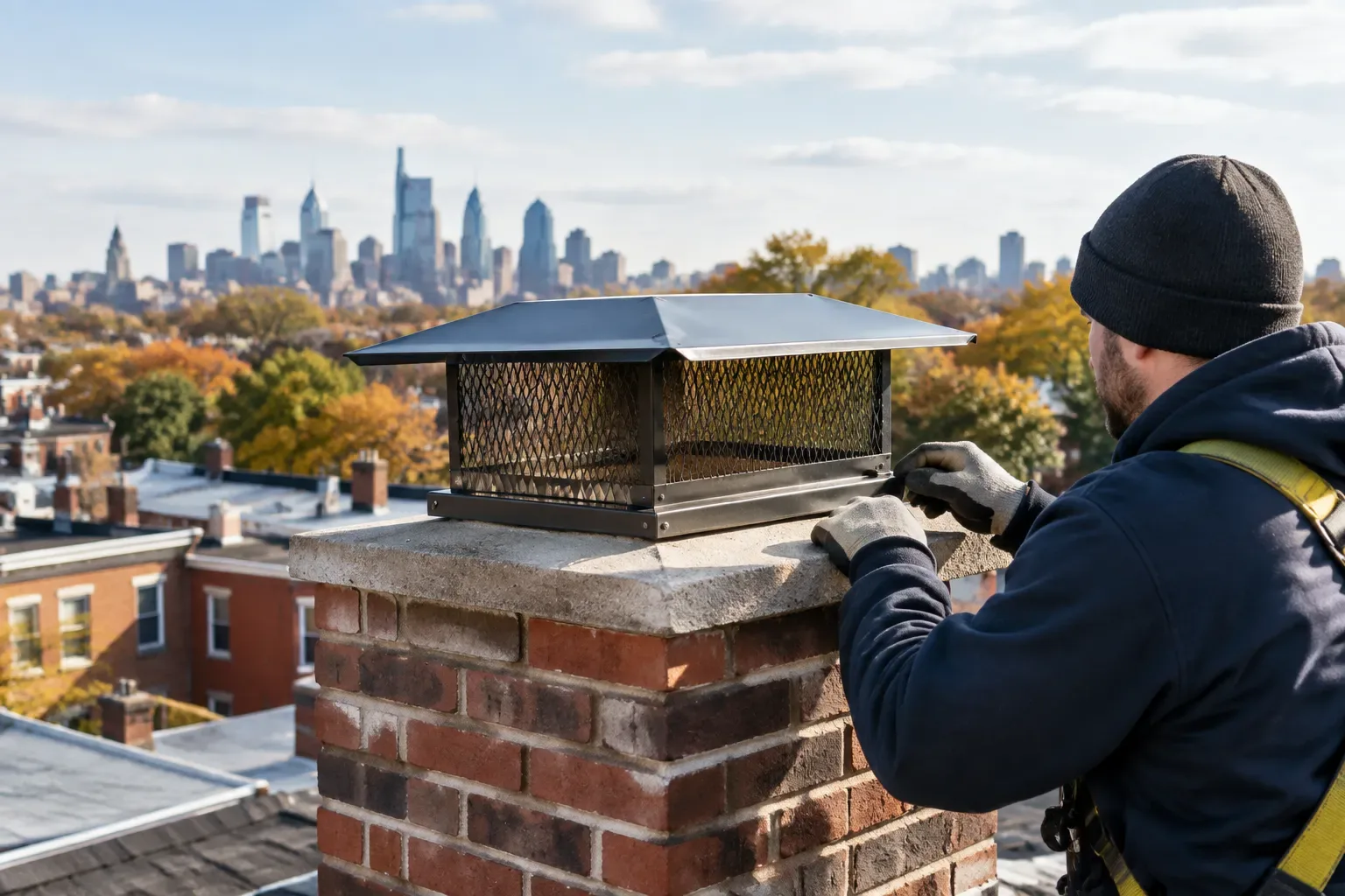 A technician in a dark knit cap, jacket, gloves, and safety harness stands beside a brick chimney topped with a screened metal cap. Philadelphia buildings and the skyline are visible in the background under a partly cloudy sky.