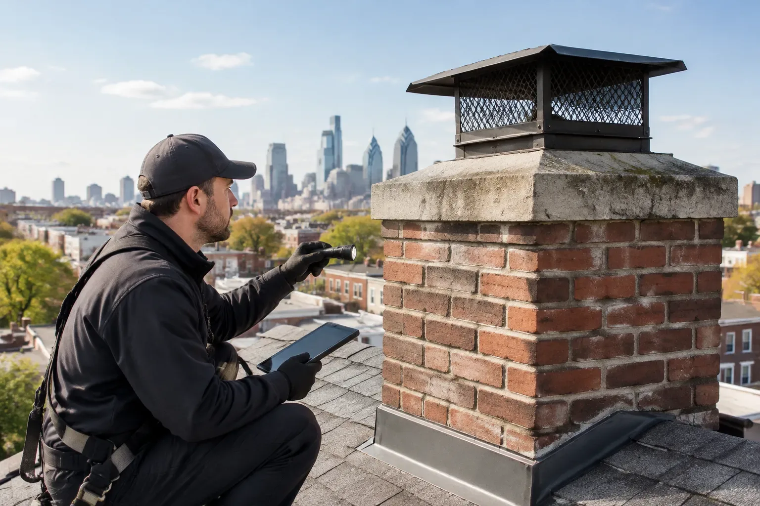 A roof worker kneels beside a brick chimney and aims a handheld tool toward its upper masonry. The chimney has a concrete crown, metal flashing, and a covered cap. Rooftops, trees, and a city skyline are visible in the background.